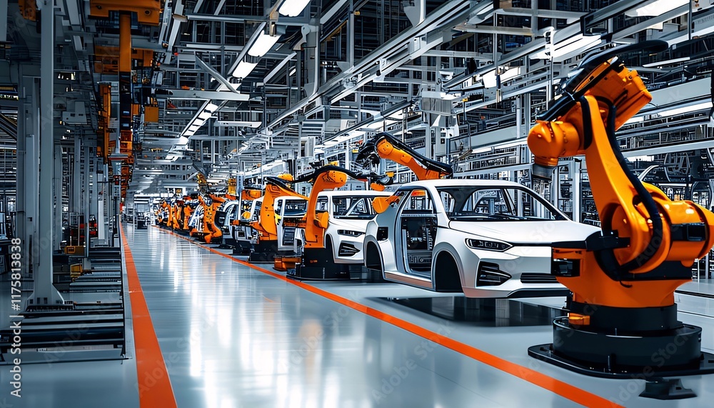 Poster automated car assembly line in modern factory.
