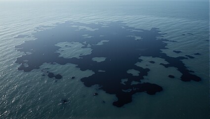 Fototapeta premium Aerial view of oil slick spreading in ocean creating reflective shapes