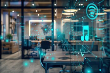 Modern office with digital overlay showing music and network icons.