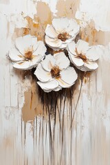 A textured painting featuring elegant white flowers emerging from an abstractly painted background, showcasing a blend of simplicity and intricate artistry.