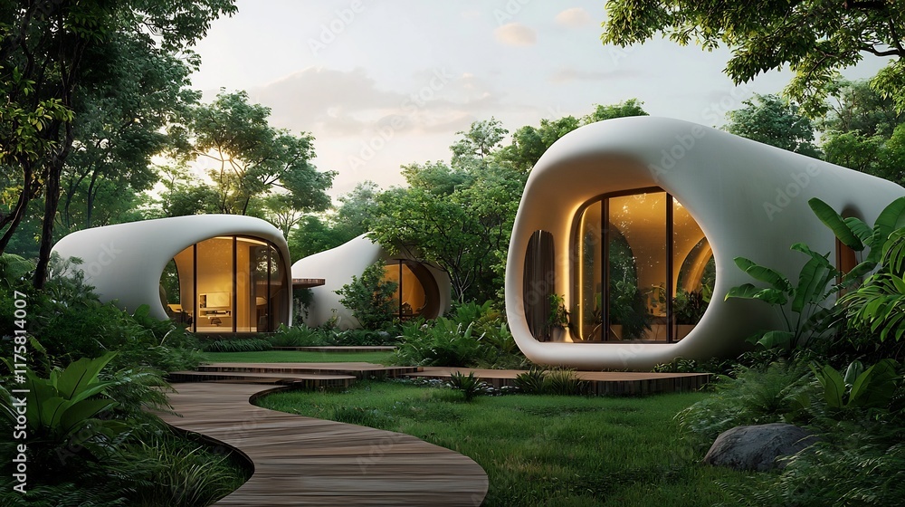 Poster futuristic 3d printed house with a sleek modern architectural design featuring geometric shapes and 