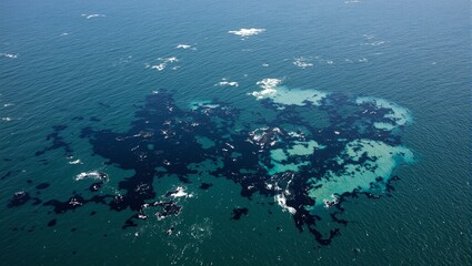 Obraz premium Aerial view of oil spill on ocean dark oil spread with white foam