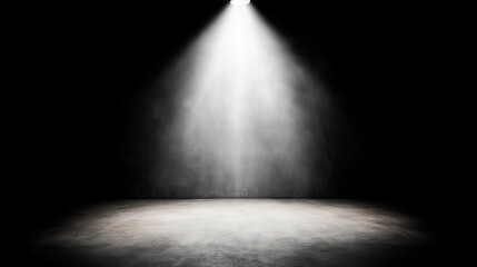 Spotlight on Success: A single, powerful spotlight illuminates a concrete stage, setting the scene for a dramatic performance or presentation. Its intense beam cuts through the darkness.