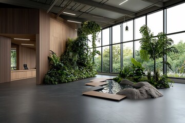 Sleek and sophisticated high rise office building featuring biophilic design elements including ample natural light indoor gardens and water features