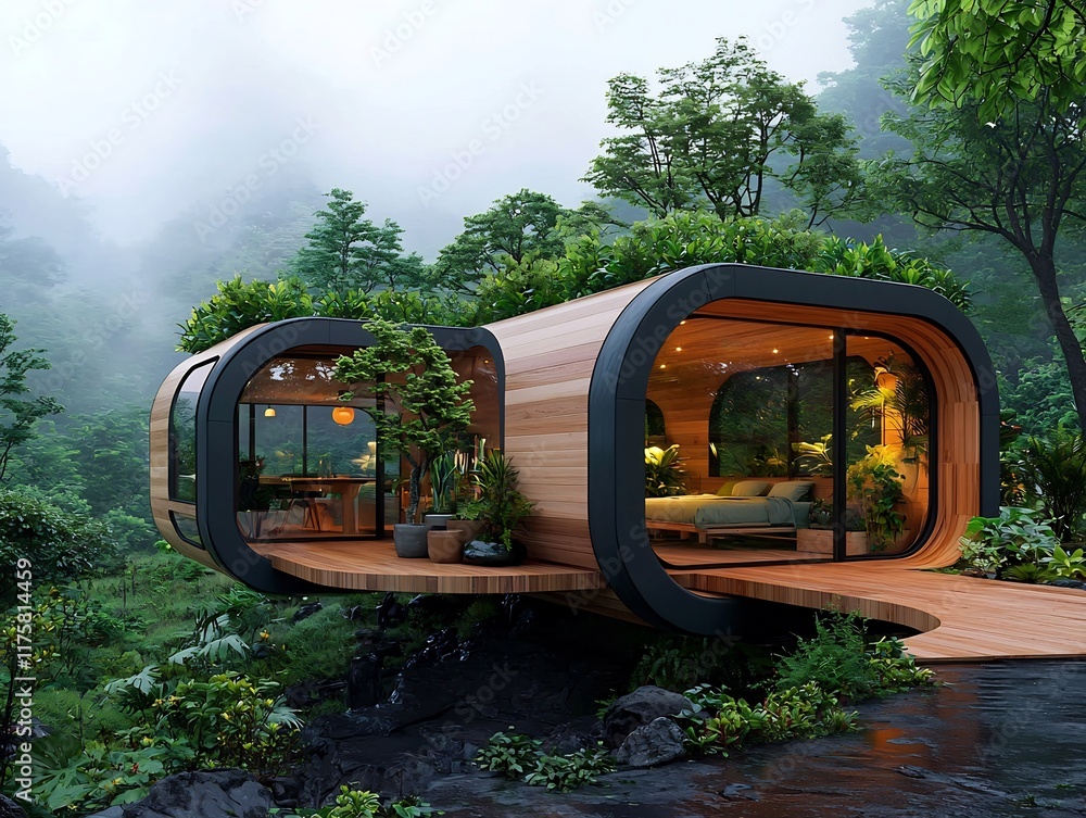 Poster adaptable and eco friendly modular wooden building blending with nature a prefabricated portable str