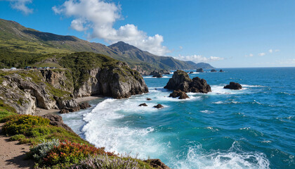 Fototapeta premium Coastal landscape with waves crashing against rocky cliffs