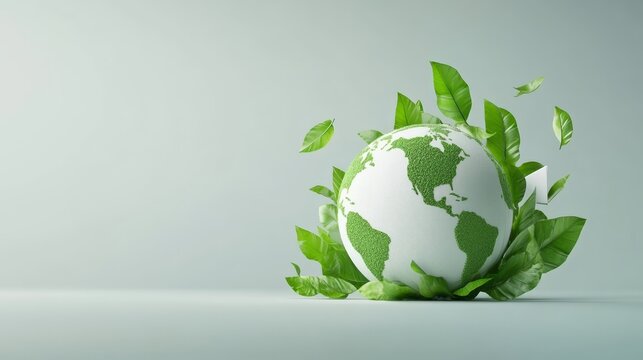 Green leaves are growing and swirling around planet earth, symbolizing environmental conservation, sustainability, and eco friendly practices for a greener future