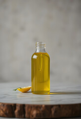 A bottle of lemon oil, commonly used in beauty and self-care products , Lemon oil, essential oil, beauty, self-care, dramatic atmosphere, with white tones