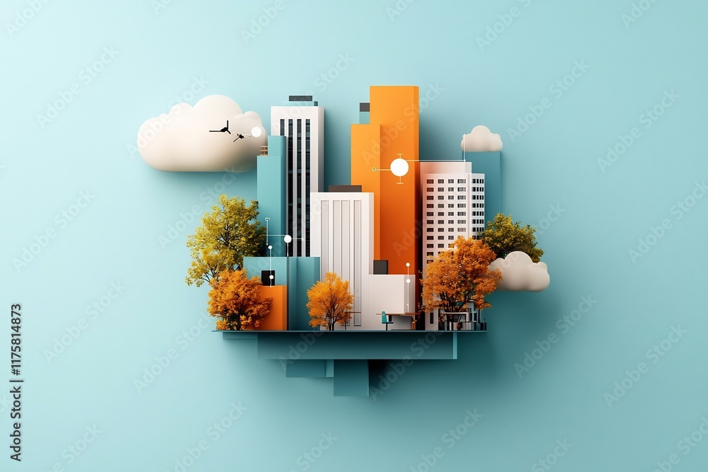 Poster innovative and interconnected smart office complex featuring modular adaptable layouts flexible work
