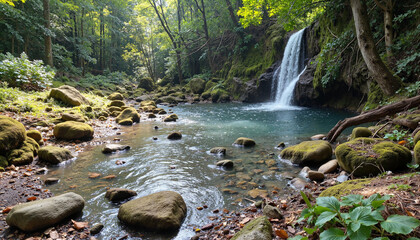 Fototapeta premium Tranquil waterfall cascading into serene forest pool