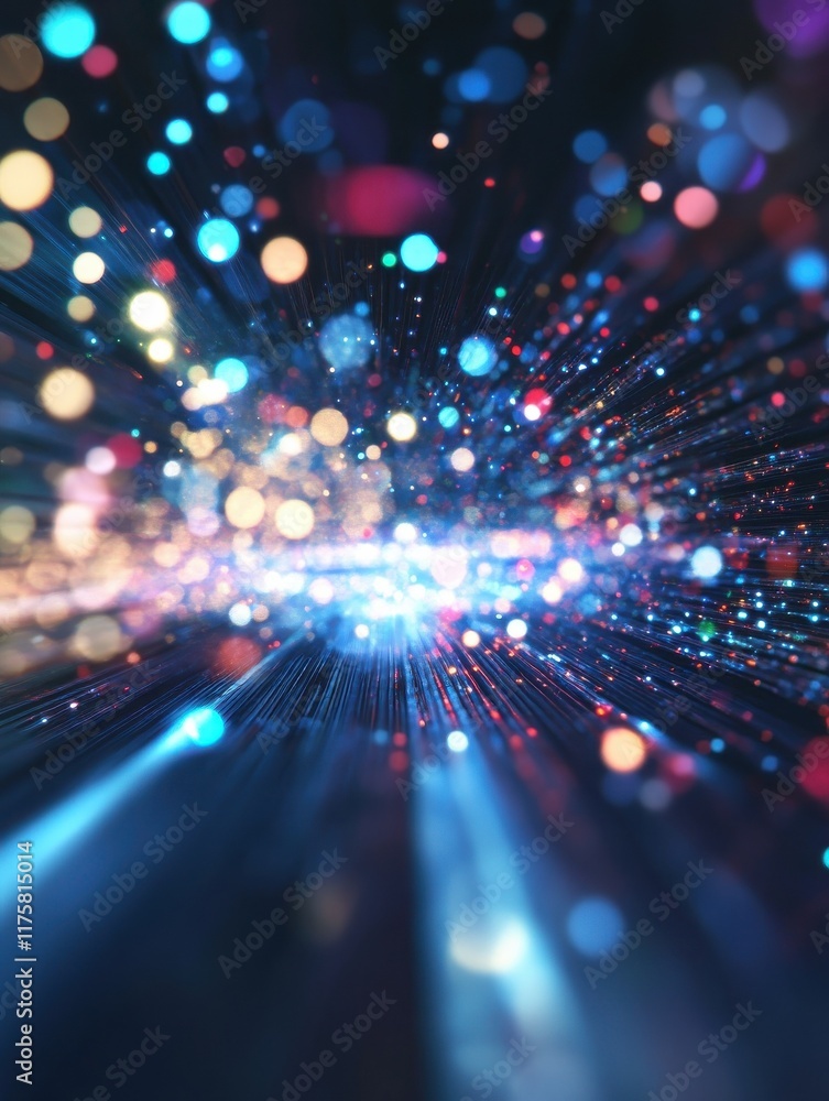 Poster blurred bokeh background with abstract technology components and dynamic light streaks