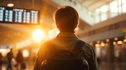 Traveller standing in front of Flight display schedule in the International airport. Enjoying his vacation