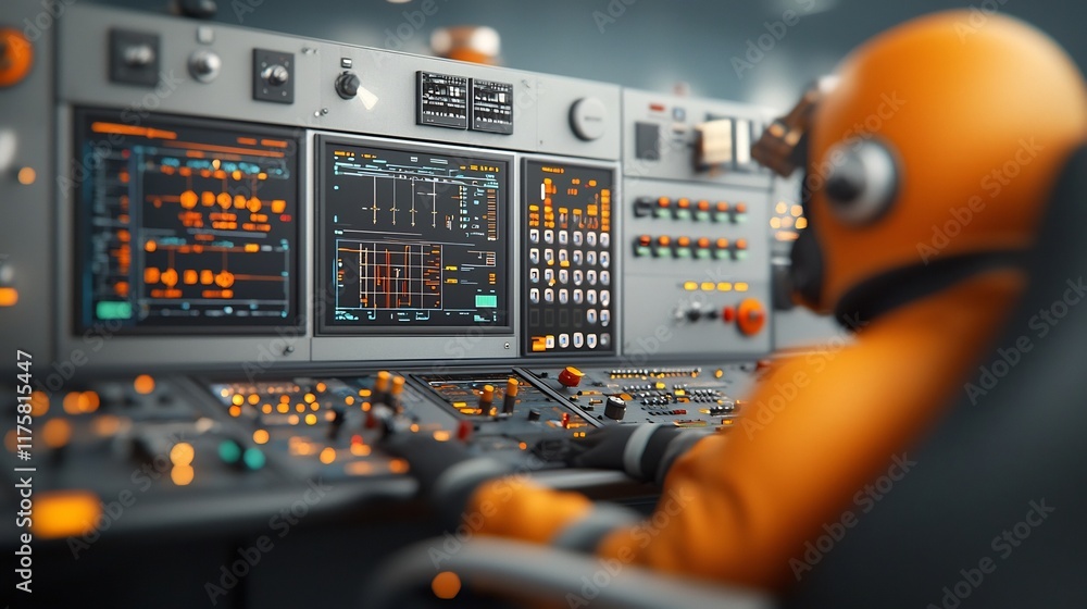 Poster offshore platform control room with technicians in safety gear adjusting production parameters on co