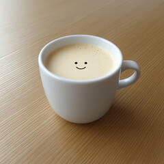 Close up of Cafe Au Lait in a White Cup With a Smiley Face on a Plain Wooden Table, Room for Text