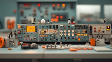 Naklejka premium Intricate Control Room of Offshore Production Platform Monitoring Advanced Digital and Analog Systems for Precise Adjustments to Energy Production Parameters