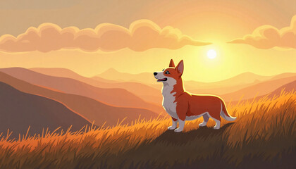 Pet Day. Corgi standing proudly on hilltop at sunset, canine adventure