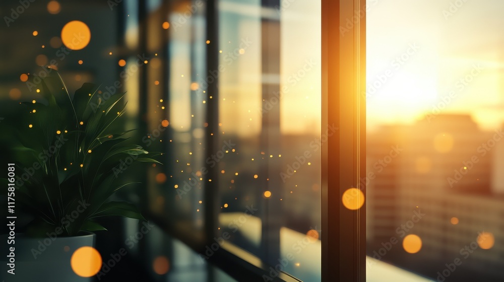 Poster modern business office setting environment blurred background with sunlight reflection on window gla