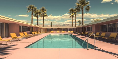 A serene mid-century modern pool surrounded by palm trees and yellow loungers against a sunny sky; ideal for relaxation and vintage style aficionados.