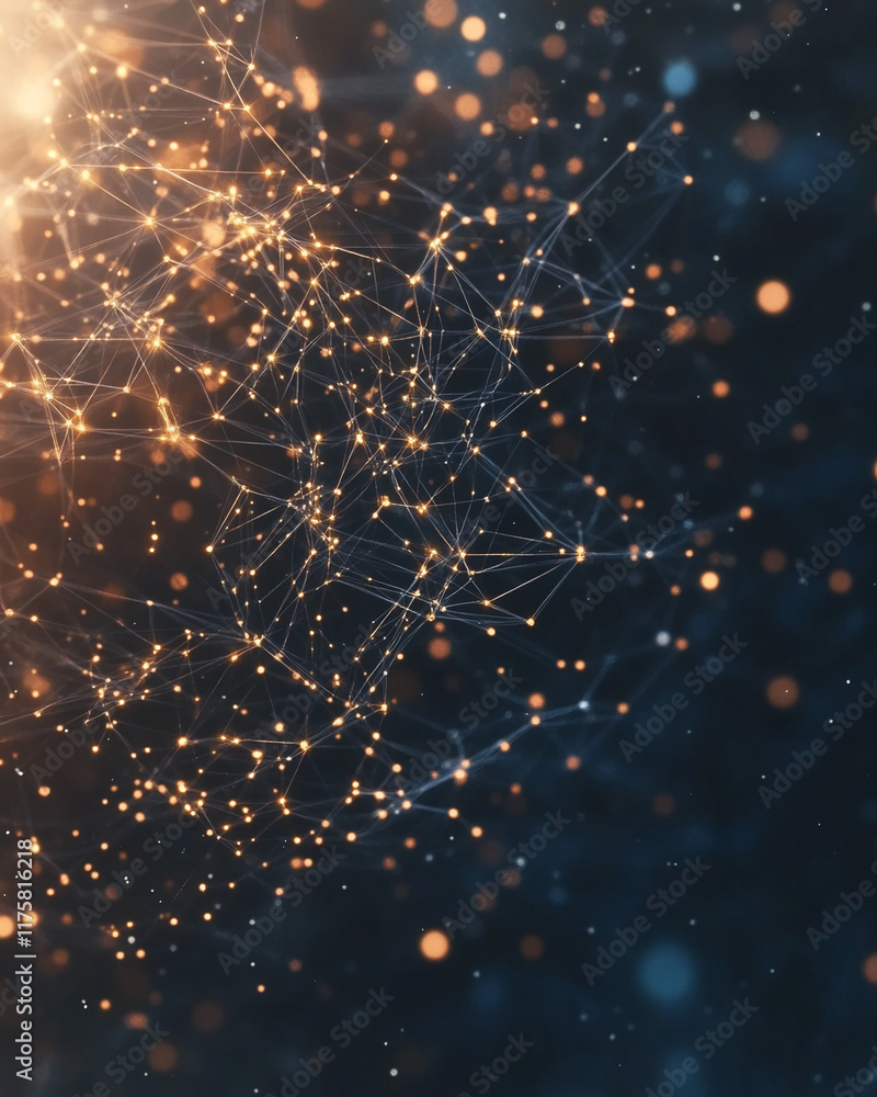 Poster Abstract glowing network structure with golden nodes on dark background