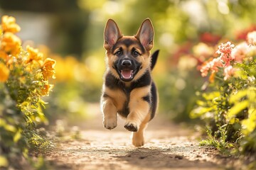Cute german shepherd puppy running between the flower rows in the park
