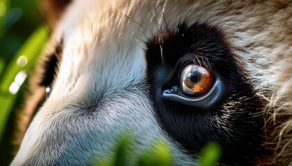Close-up of a panda eye surrounded by vibrant green foliage in a natural environment