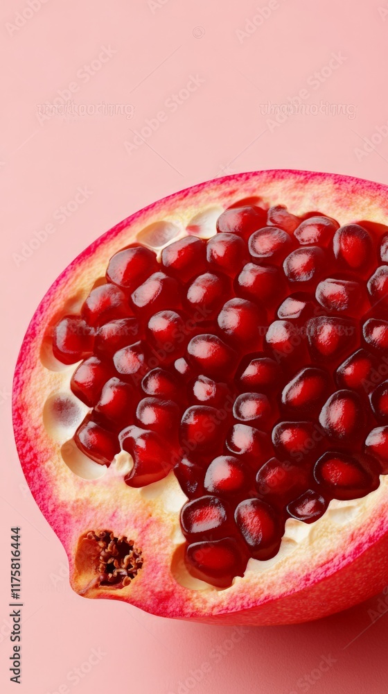 Poster ripe pomegranate cut in half presents its vibrant red arils, seemingly suspended in mid air against 