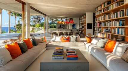 Modern villa living room with ocean view,  large sectional sofa, and built-in bookshelves.