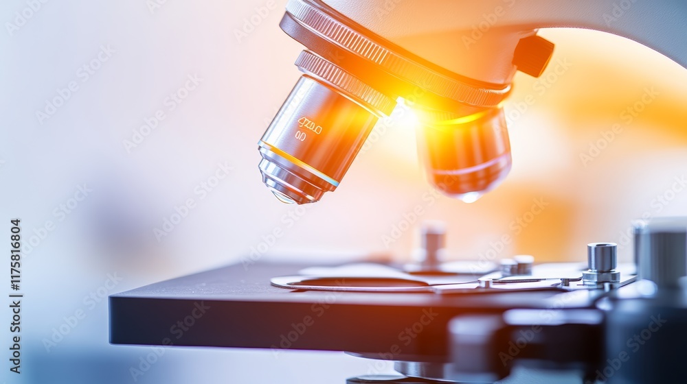 Poster Close up of a modern medical microscope, its objective lens illuminated with warm light, signifying advanced scientific research and analysis in a laboratory setting