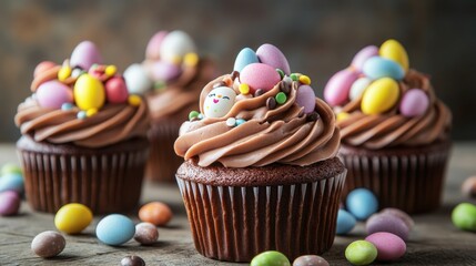 easter, food and holidays concept - frosted cupcakes with chocolate eggs and candies on wooden table