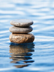 Zen in the Ripples: A tranquil scene of three smooth stones perfectly balanced on a calm, blue water surface. The gentle ripples radiate outward, reflecting the serene atmosphere of the moment. 
