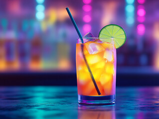 Vibrant cocktail with lime garnish and colorful neon lights in a modern bar