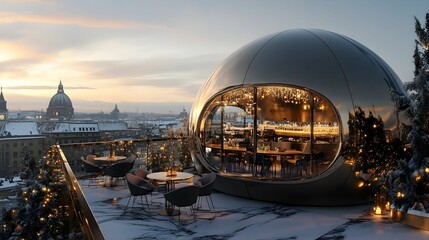 Obraz premium Unique rooftop dining experience with city views at dusk, 现代建筑