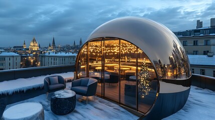 Modern dome lounge with city view at dusk in a winter landscape
