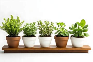 Fototapeta premium Indoor herb garden with potted plants arranged on a wooden tray