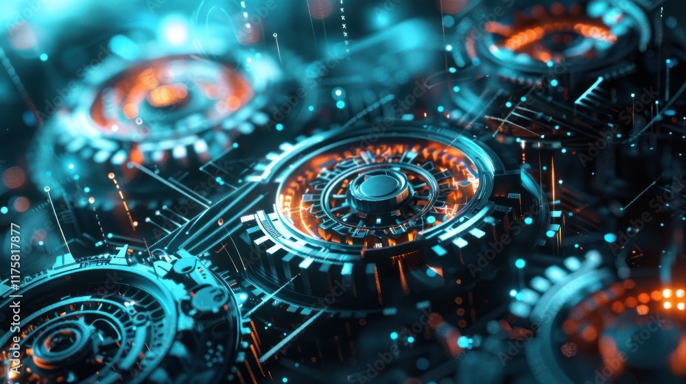 Poster futuristic mechanism: intricate gears and circuits interplay, illuminated by vibrant teal and orange