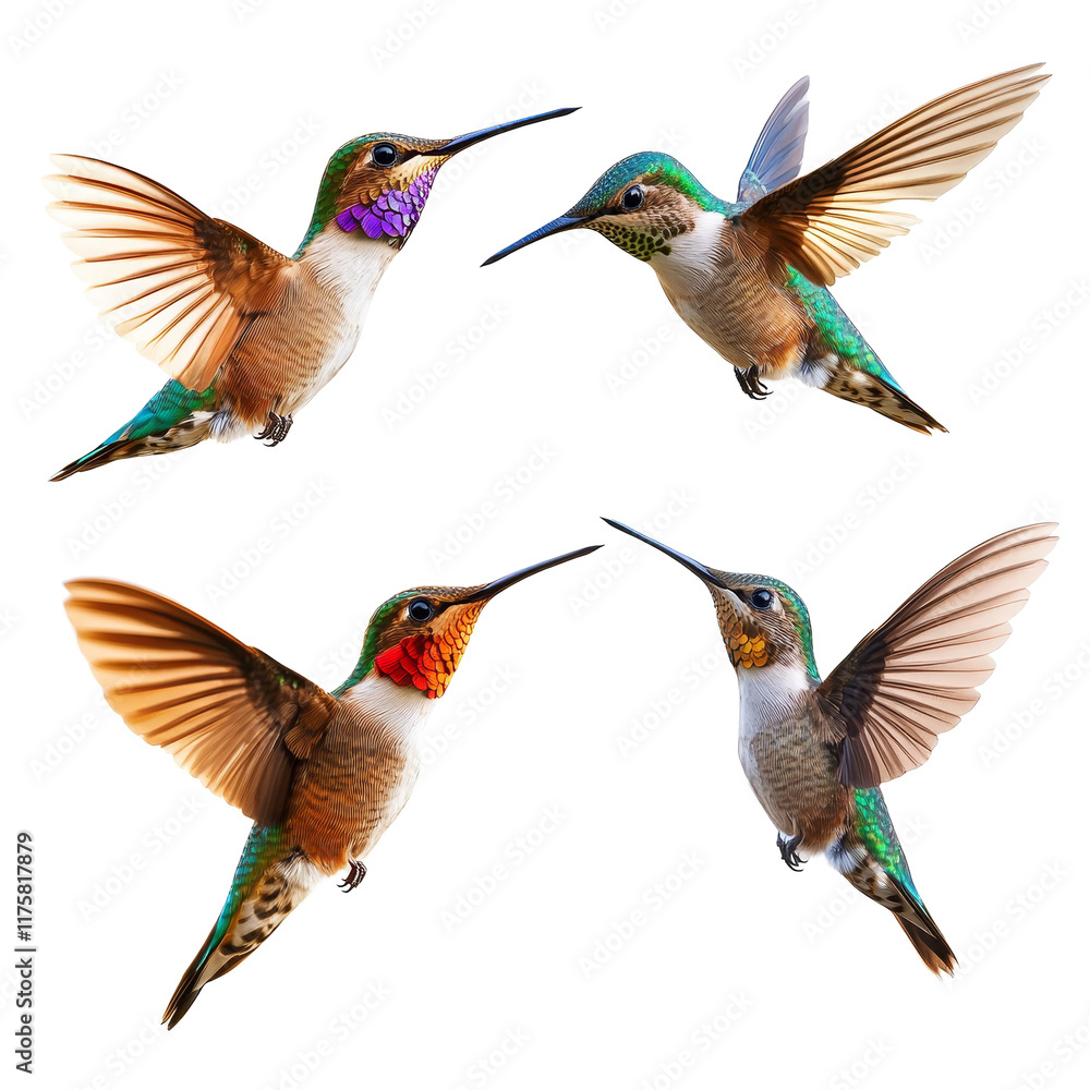 Poster various hummingbirds in mid flight showcasing unique colors and patterns against a transparent backg