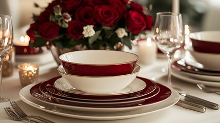 Fototapeta premium Elegant Dinner Table Setting With Red Roses And Candles