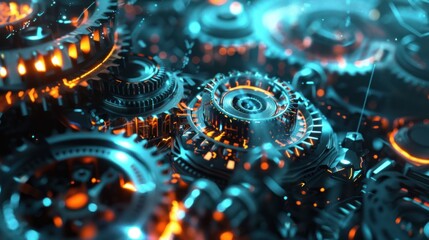 Intricate Clockwork: A Close-Up of Glowing Gears in Motion