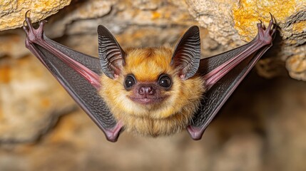Obraz premium Close-Up of a Bat Hanging Upside-Down in a Cave