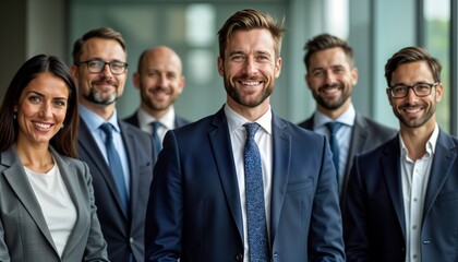 Diverse business team stands together. Modern professionals look directly at camera. Successful collaboration, teamwork, organization, planning evident in portrait shot. Businesspeople, successful,