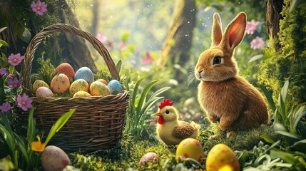Eggs hunt. Easter puzzle game location with bunny and egg in garden or forest. Hare and chicken with basket, festive play hidden objects decent background