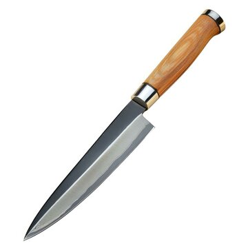 A sharp Japanese kitchen knife with a wooden handle, isolated on white background.