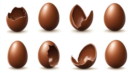 Fototapeta premium Chocolate eggs set. Isolated whole, broken, exploded, cracked and open brown eggs collection. Realistic sweet chocolate candy dessert icons. Vector Easter holiday celebration concept