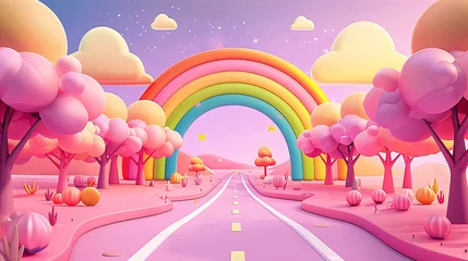 Pink road leads to rainbow arch in pastel landscape.