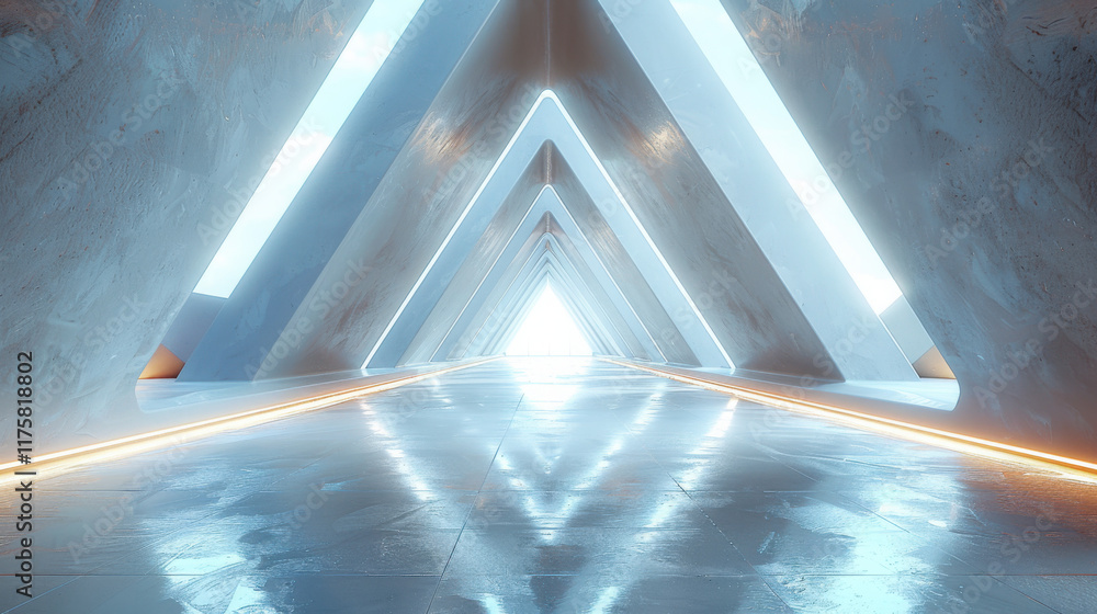 Poster empty long light corridor. modern white background. futuristic sci-fi triangle tunnel. 3d rendering.