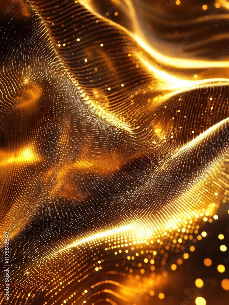 Poster golden technology background, network connection, abstract structure with glowing dots and lines