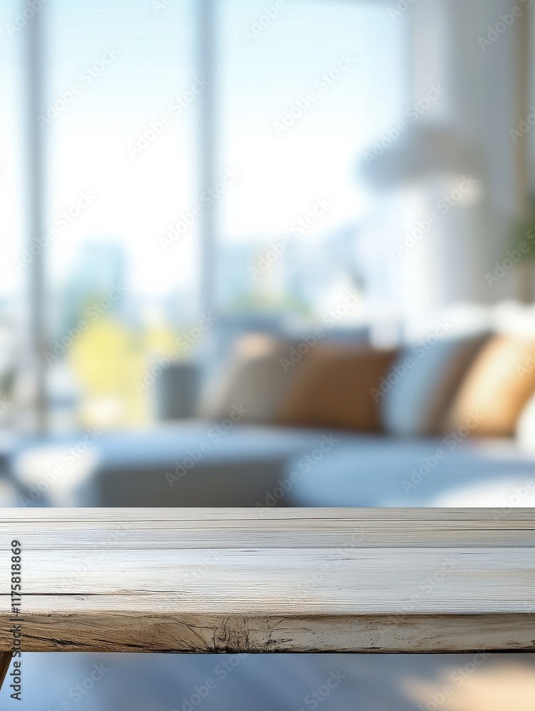 Poster empty table with abstract blurred background. blur living room. for product display.