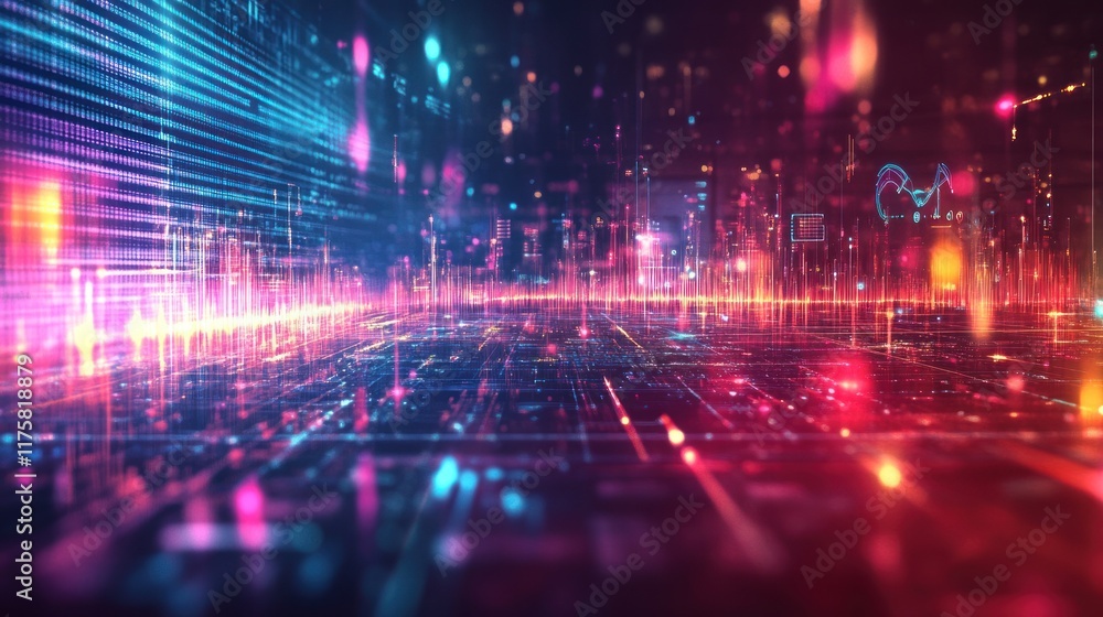 Poster abstract futuristic digital landscape with vibrant neon lights, glowing particles, and vertical line