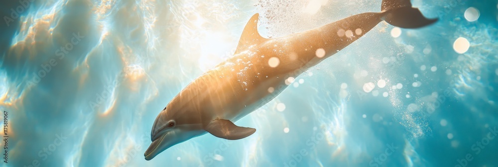 Poster dolphin gracefully swimming through a sunlit ocean, creating a serene and captivating scene filled w