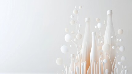 Minimalist abstract composition with elegant white bottles and organic shapes